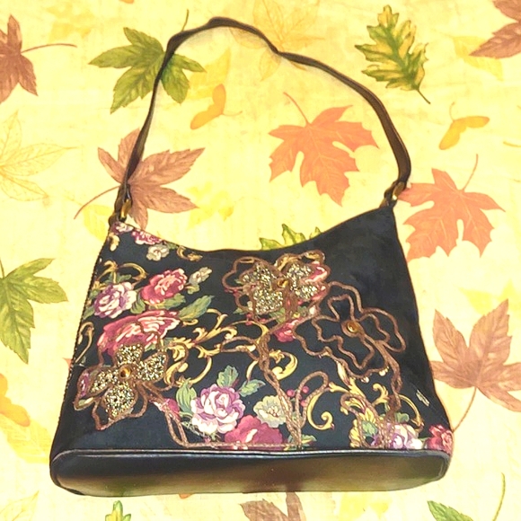 #VINTAGE #BUENO Embroidered Multi-Print Fabric Satchel# - Picture 9 of 13